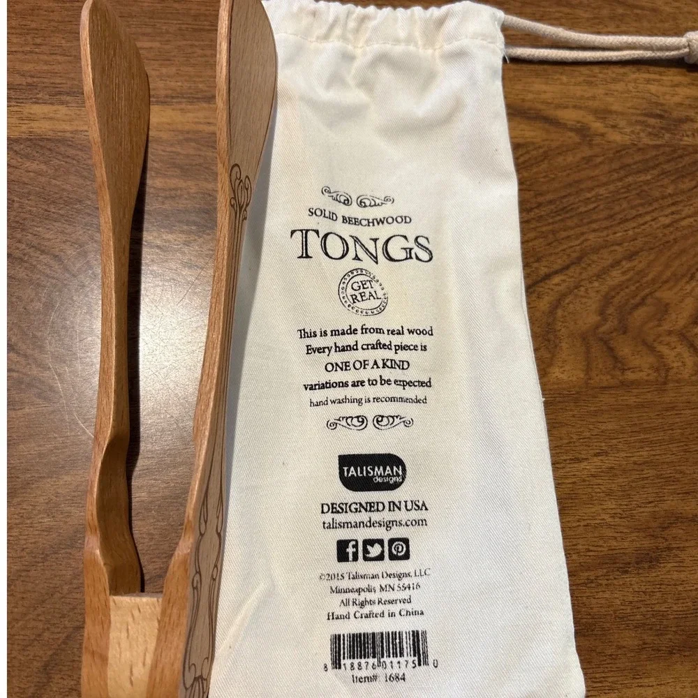 Solid Beechwood Kitchen Tongs Etched Design Serving Utensil with Storage Bag New
